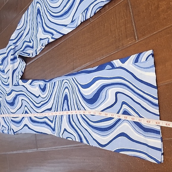 Zara Blue White High Waist Flare Slit Leg Pants Groovy Disco Linen - Picture 6 of 12